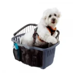 Cestino per animali domestici grigio con un cane bianco seduto, indossando un'imbracatura di sicurezza, pronto per il trasporto.