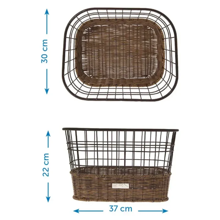Dimensioni del cestino in vimini e metallo: altezza 30 cm, profondità 22 cm, larghezza 37 cm.