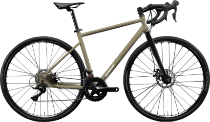 Vista laterale della bicicletta Lombardo con telaio beige e forcella nera, progettata per il gravel riding. Caratterizzata da componenti di alta qualità e pneumatici adatti a terreni vari, offre prestazioni eccellenti e un design moderno.