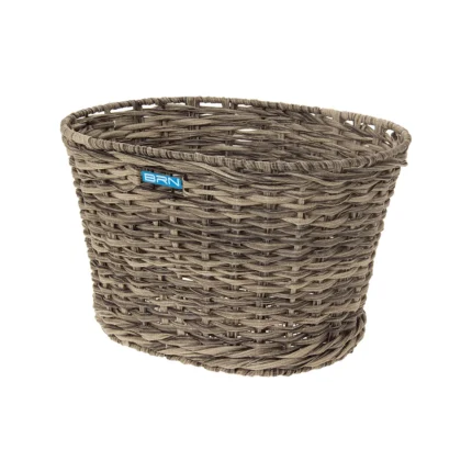 Cesto BRN Vintage anteriore ovale grigio intrecciato con corda in Eco-Rattan, base e struttura in acciaio. Le sue dimensioni sono 39 x 28.5 x 24 cm (piastre in dotazione).