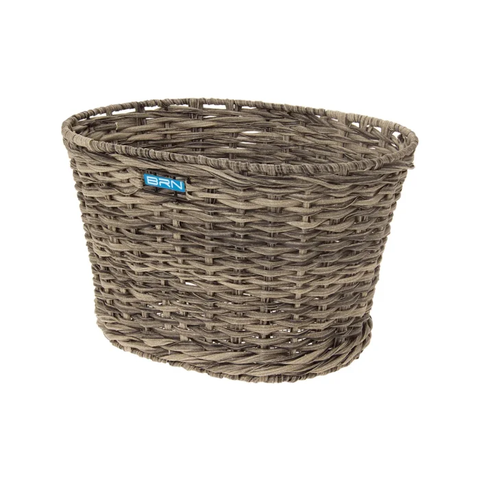 Cesto BRN Vintage anteriore ovale grigio intrecciato con corda in Eco-Rattan, base e struttura in acciaio. Le sue dimensioni sono 39 x 28.5 x 24 cm (piastre in dotazione).