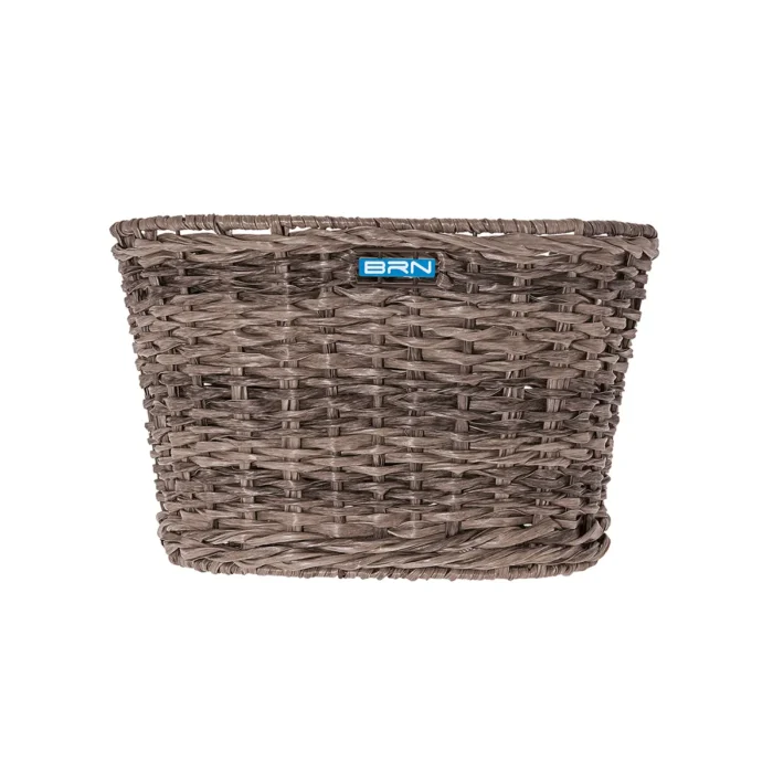 Cesto BRN Vintage anteriore ovale grigio intrecciato con corda in Eco-Rattan, base e struttura in acciaio. Le sue dimensioni sono 39 x 28.5 x 24 cm (piastre in dotazione).