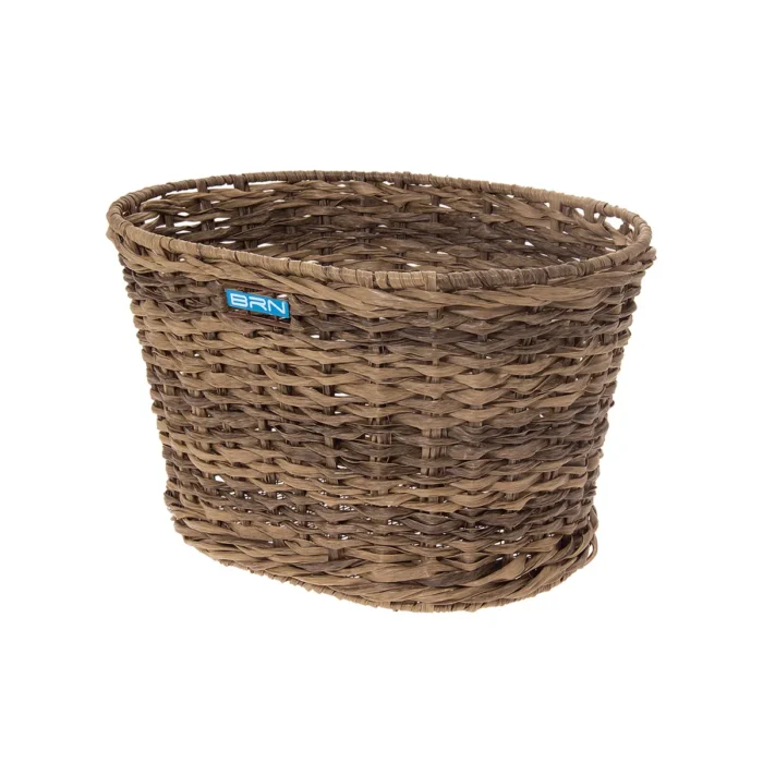 Cesto BRN Vintage anteriore ovale marrone intrecciato con corda in Eco-Rattan, base e struttura in acciaio. Le sue dimensioni sono 39 x 28.5 x 24 cm (piastre in dotazione).