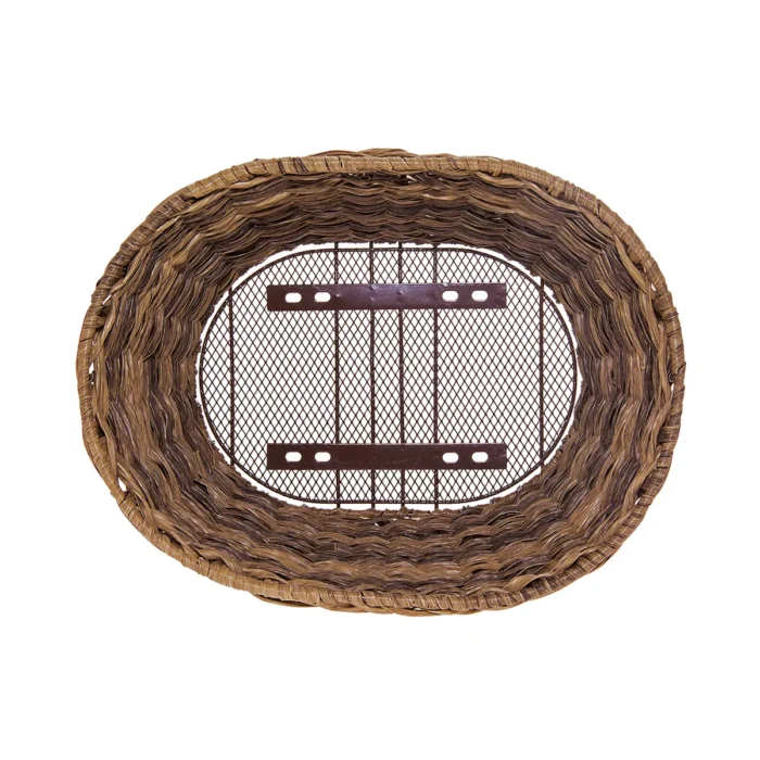 Cesto BRN Vintage anteriore ovale marrone intrecciato con corda in Eco-Rattan, base e struttura in acciaio. Le sue dimensioni sono 39 x 28.5 x 24 cm (piastre in dotazione).