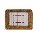Cesto BRN Vintage anteriore naturale grigio intrecciato con corda in Eco-Rattan, base e struttura in acciaio. Le sue dimensioni sono 41 x 32 x 18 cm (piastre in dotazione).