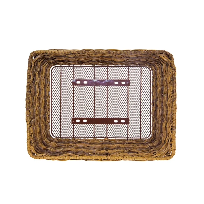 Cesto BRN Vintage anteriore naturale grigio intrecciato con corda in Eco-Rattan, base e struttura in acciaio. Le sue dimensioni sono 41 x 32 x 18 cm (piastre in dotazione).