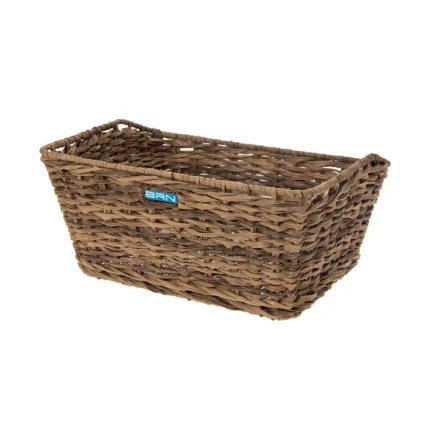 Cesto BRN Vintage anteriore rettangolare marrone intrecciato con corda in Eco-Rattan, base e struttura in acciaio. Le sue dimensioni sono 41 x 32 x 18 cm (piastre in dotazione).