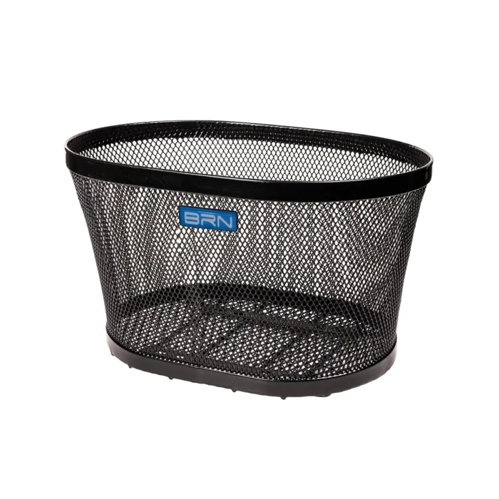 Cesto BRN Intreccio ovale anteriore in acciaio nero con misure pari a 370 x 275 x h225 mm. Nella confezione sono incluse le piastre per il fissaggio.