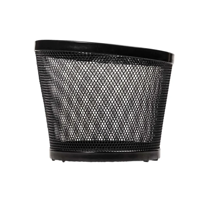 Cesto BRN Intreccio ovale anteriore in acciaio nero con misure pari a 370 x 275 x h225 mm. Nella confezione sono incluse le piastre per il fissaggio.