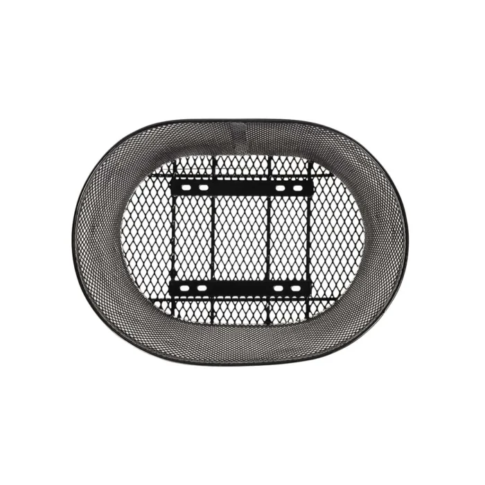 Cesto BRN Intreccio ovale anteriore in acciaio nero con misure pari a 370 x 275 x h225 mm. Nella confezione sono incluse le piastre per il fissaggio.