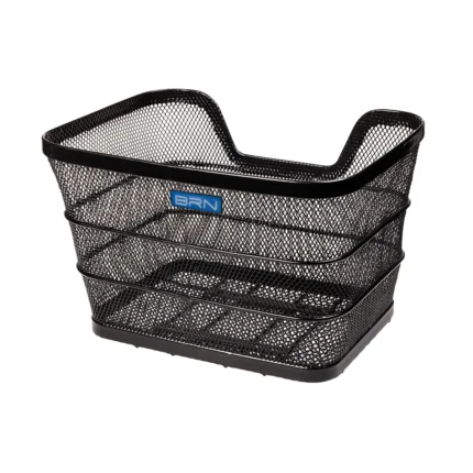 Cesto BRN Intreccio rettangolare anteriore/posteriore in acciaio nero con misure pari a 410 x 305 x h260 mm. Nella confezione sono incluse le piastre per il fissaggio.