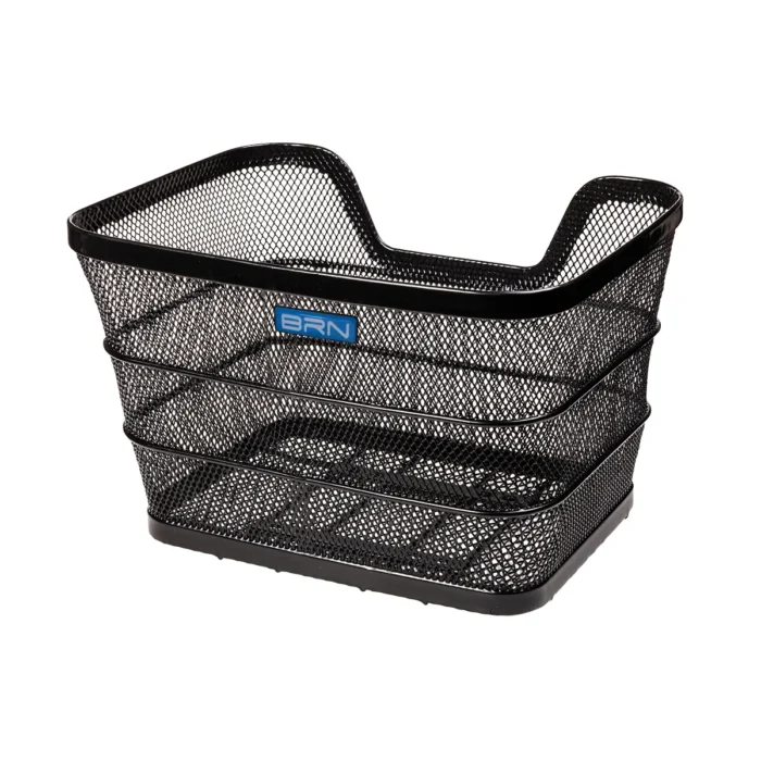 Cesto BRN Intreccio rettangolare anteriore/posteriore in acciaio nero con misure pari a 410 x 305 x h260 mm. Nella confezione sono incluse le piastre per il fissaggio.