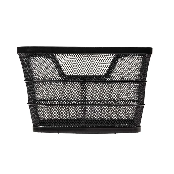 Cesto BRN Intreccio rettangolare anteriore/posteriore in acciaio nero con misure pari a 410 x 305 x h260 mm. Nella confezione sono incluse le piastre per il fissaggio.