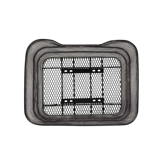 Cesto BRN Intreccio rettangolare anteriore/posteriore in acciaio nero con misure pari a 410 x 305 x h260 mm. Nella confezione sono incluse le piastre per il fissaggio.