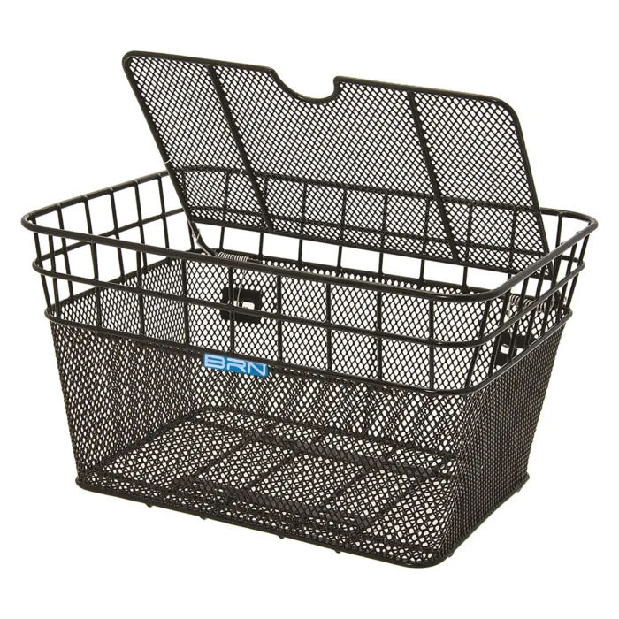 Cesto di stoccaggio BRN in rete nera, ideale per biciclette, con apertura superiore per un facile accesso.