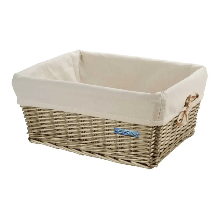 Cassetta BRN Small in vimini invecchiato con federa Ecrù. Le sue dimensioni sono 41 x 31 x 19 cm.