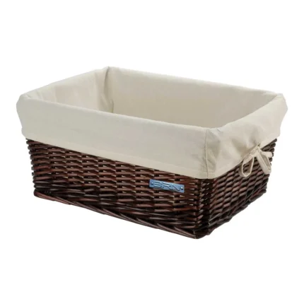Cassetta BRN Small in vimini marrone con federa Ecrù. Le sue dimensioni sono 41 x 31 x 19 cm.