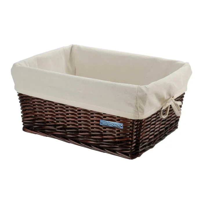 Cassetta BRN Small in vimini marrone con federa Ecrù. Le sue dimensioni sono 41 x 31 x 19 cm.