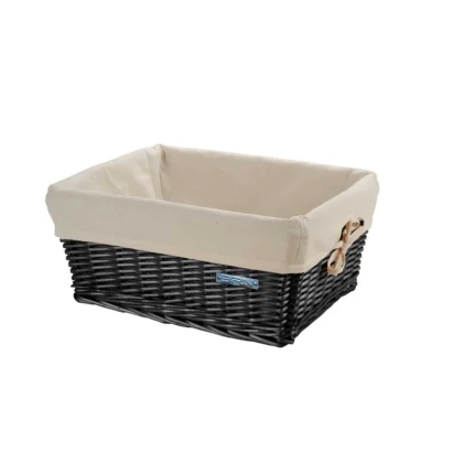 Cassetta BRN Small in vimini nera con federa Ecrù. Le sue dimensioni sono 41 x 31 x 19 cm.