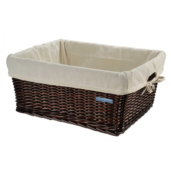 Cassetta BRN Maxi in vimini marrone con fodera Ecrù. Le sue dimensioni sono 47 x 37 x 21 cm.