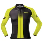 Giubbino BRN invernale giallo fluo e nero, in vista frontale, con cerniera e design aerodinamico.