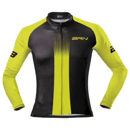 Giubbino BRN invernale giallo fluo e nero, in vista frontale, con cerniera e design aerodinamico.