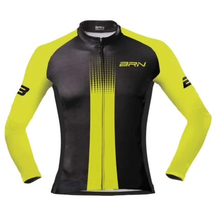 MAGLIA BRN MANICA LUNGA giallo fluo e nero, in vista frontale, con cerniera e grafica distintiva.