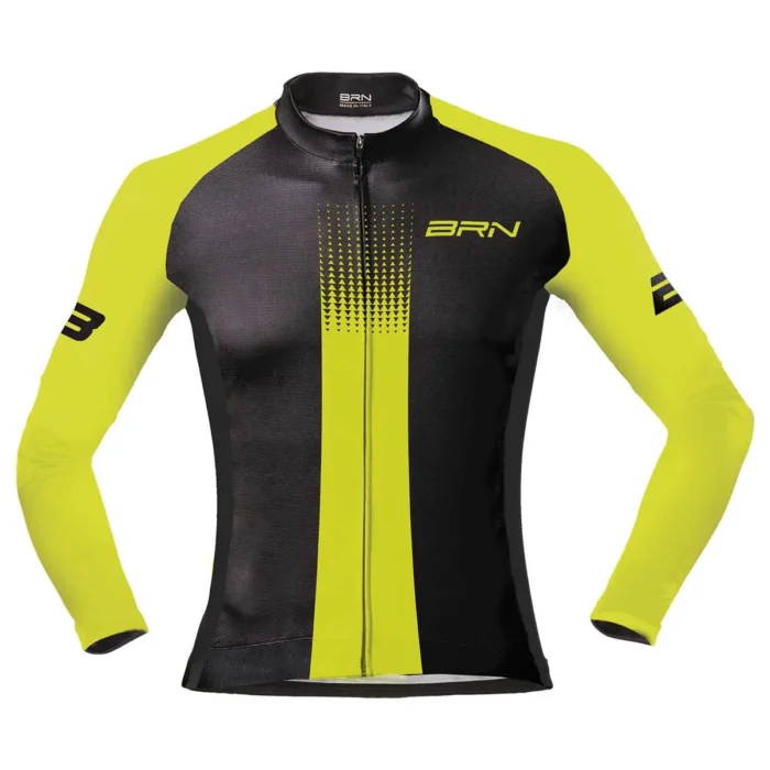 MAGLIA BRN MANICA LUNGA giallo fluo e nero, in vista frontale, con cerniera e grafica distintiva.