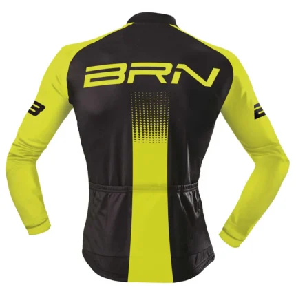 Vista posteriore del giubbino BRN giallo fluo e nero, evidenziando il design aerodinamico.