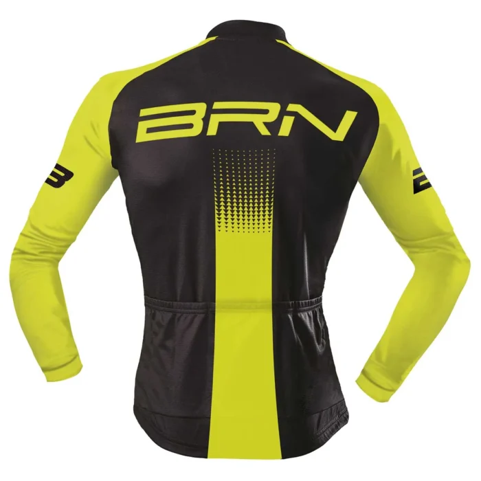 Vista posteriore del giubbino BRN giallo fluo e nero, evidenziando il design aerodinamico.