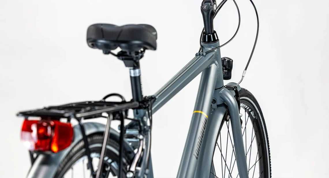 Dettaglio della parte posteriore di una bicicletta con ruote da 28 pollici.