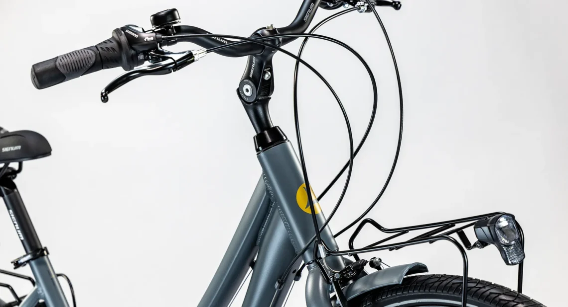 Vista anteriore di una bicicletta con manubrio ergonomico e ruote da 28 pollici.