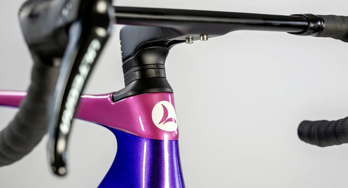 Dettaglio del collo del telaio della bicicletta Lombardo Misano, mostrando il design elegante in viola e rosa, insieme al logo distintivo. Evidenzia la qualità dei materiali e la cura nei dettagli.